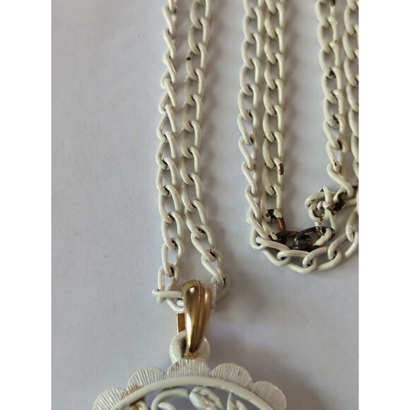 Necklace Floral Open Work White Enamel Pendant Necklace White Chain 33" - Picture 5 of 9